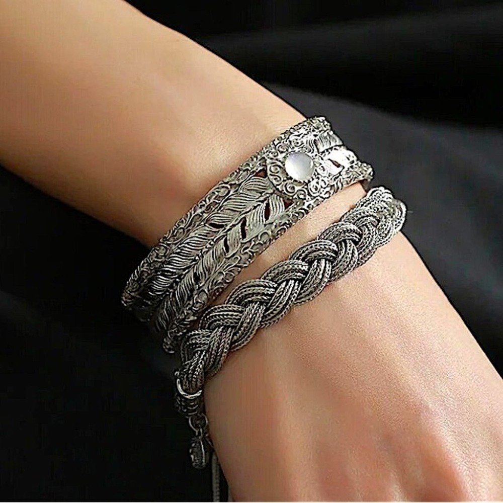 Two Piece Set Vintage Sterling Silver Pattern Bangle Bracelet, Cuff Irregular
